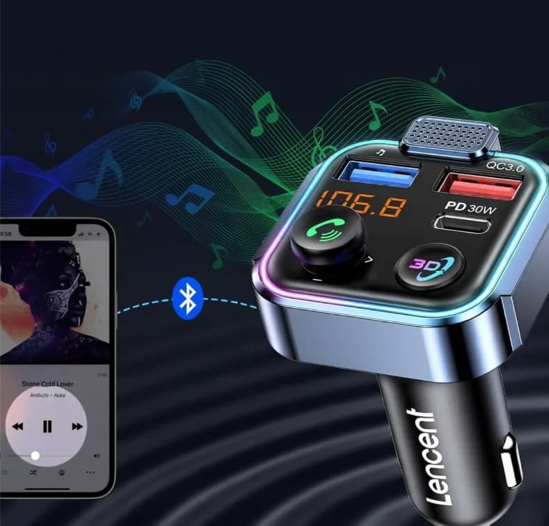 LENCENT Transmiter FM Bluetooth 5.3 do auta + Ładowarka PD 30W QC3.0 LENCENT Transmiter FM Bluetooth 5.3 do auta + Ładowarka PD 30W QC3.0 - Transmitery