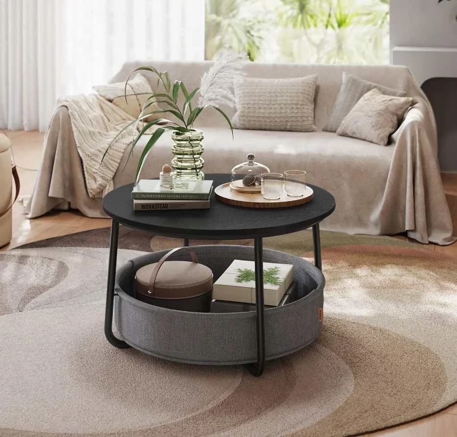 Stolik kawowy okrągły z koszem z tkaniny Vasagle 75x45cm czarny Stolik kawowy okrągły z koszem z tkaniny Vasagle 75x45cm czarny - Vasagle Stoliki i ławy