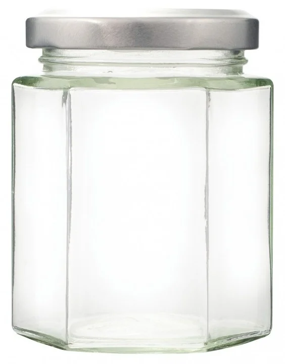 24 szklane słoiczki hexagon z pokrywkami srebrnymi 24 szklane słoiczki hexagon z pokrywkami srebrnymi - Pojemniki na żywność